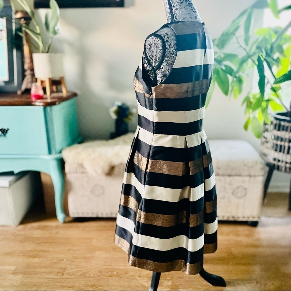 Saks Fifth Avenue Red Label Striped Metallic Pleated A-Line Cocktail Dress, 10 - Picture 9 of 11